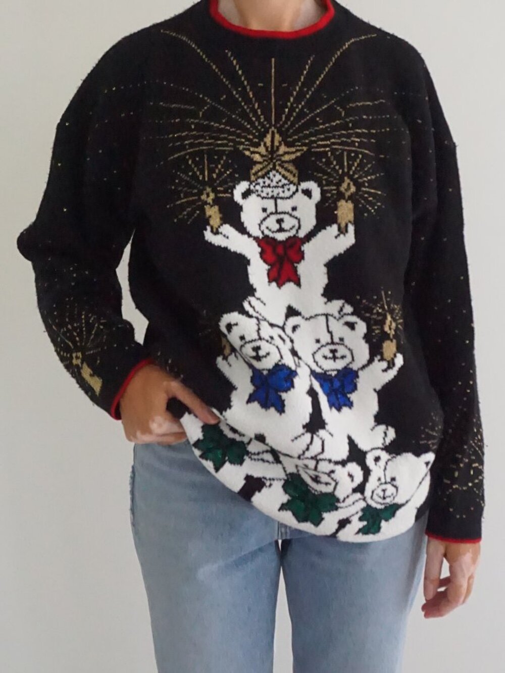 Vintage Holiday Time Black Gold Teddy Bears Starburst Ugly Christmas Sweater L